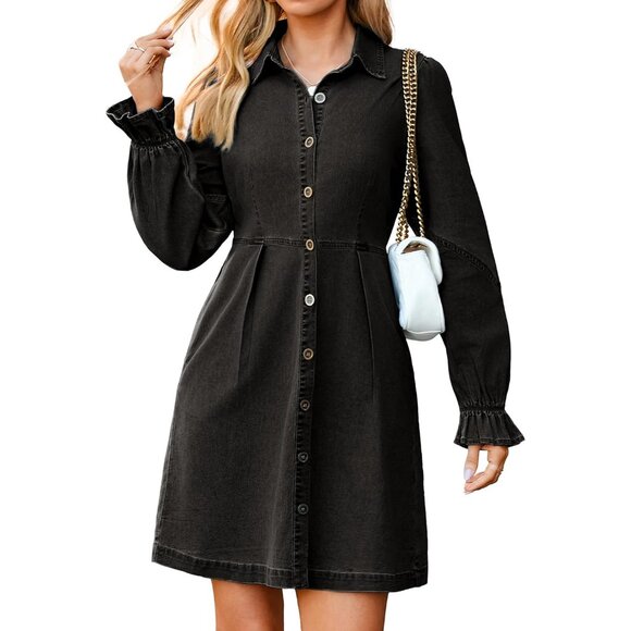 Dresses & Skirts - Women's Denim Dress Long Sleeve Mini Casual Button Pockets 2025 Fall